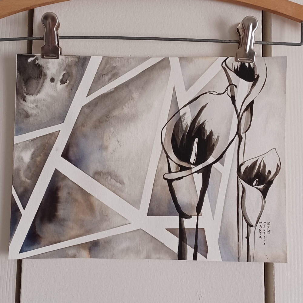 ORIGINAL ART Day Lilies On Abstract, Geometric Background Ink Painting